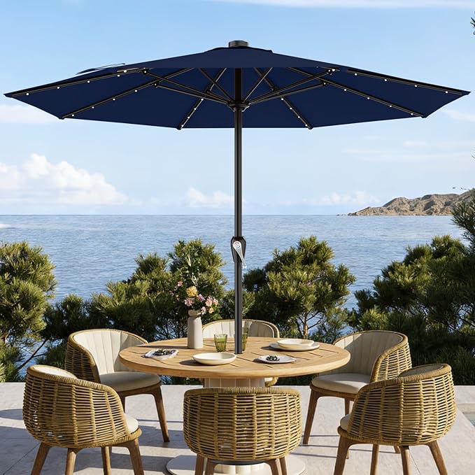 AreShark 12FT Large Patio Umbrella with Solar Lights, Solar Powered Outdoor Umbrella with Crank, Patio Table Market Umbrellas for Garden, Deck, Backyard, Pool and Beach, Navy