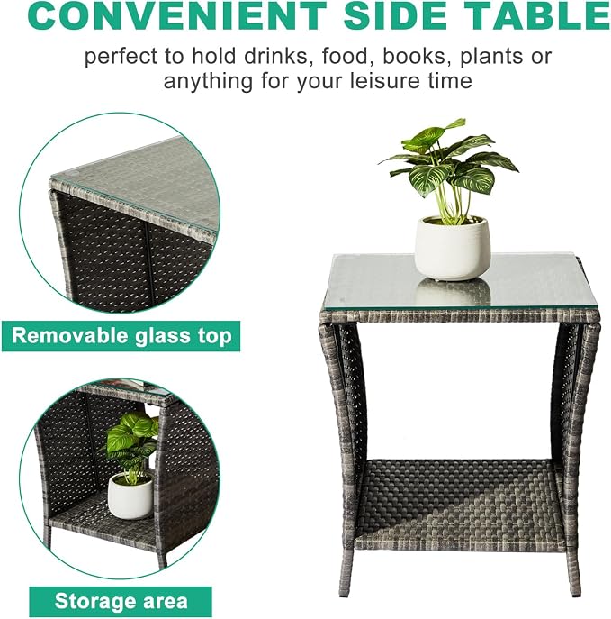 Wicker Rattan Side Table, Outdoor Square Rattan Coffee End Table with Tempered Glass Top and Storage for Patio Porch Lawn (Gray)