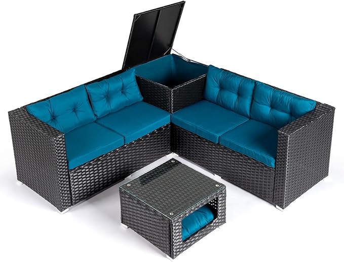 VINGLI 4 Pieces Outdoor Sectional Wicker Patio Furniture Set, Patio Sectional Sofa with Hidden Storage Outdoor Conversation Set, Glass Top Coffee Table for Backyard, Pool, Garden(Black)