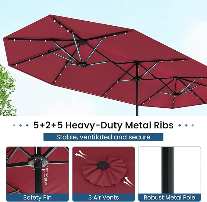 Tangkula 13FT Double-Sided Solar Patio Umbrella, Extra-Large Outdoor Twin Umbrella with 36 LED Lights, Vented Top, Crank Handle, 12 Ribs, Weighted Base Included for Backyard Poolside Deck (Wine)