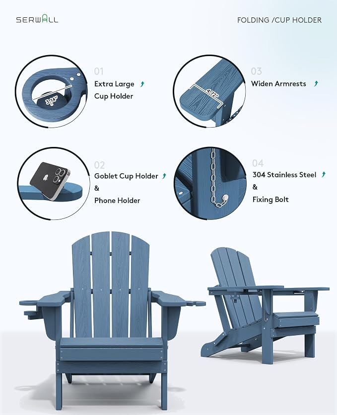 SERWALL Folding Adirondack Chairs, HDPE Adirondack Chairs Set of 4, Plastic Outdoor Chairs,Blue