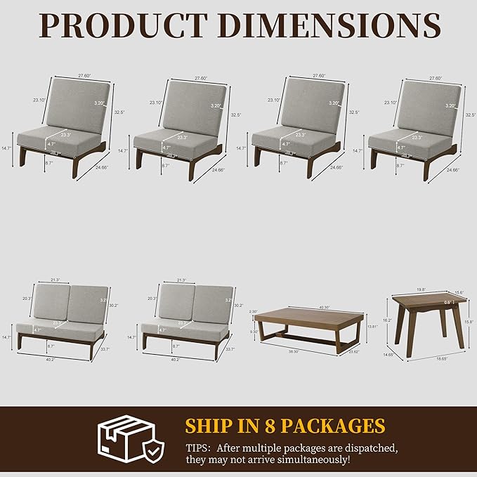 UIXE 8 Pieces All Weather Wood Patio Furniture Sets, 2 Patio Loveseat, 4 Patio Bistro Chair, Outdoor Sectional Sofa Furniture Backyard Conversation Set with Coffee Table - Light Camel