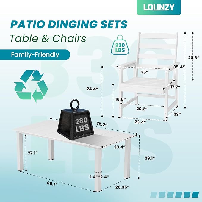 LOUNZY 7 Pieces Patio Dining Sets, 75.2'' Table Outdoor HDPE Furniture Set w/ 2" Hole Cut-Out Dining Table with 6 Patio Chairs for Lawn, Pool and Yard,White