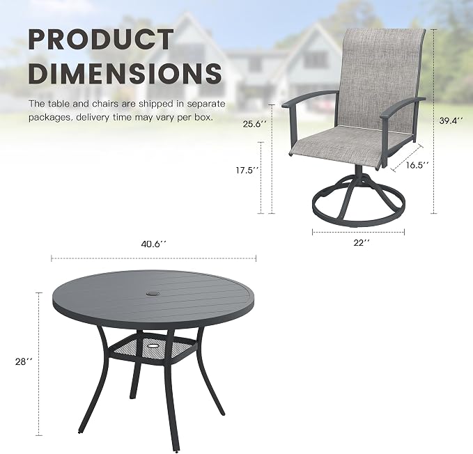 5 Pieces Round Patio Dining Set, Outdoor Furniture of 40.6" Round Patio Table and Patio Swivel Chairs for Backyard Lawn Garden, Dark Grey Table and Grey Chairs