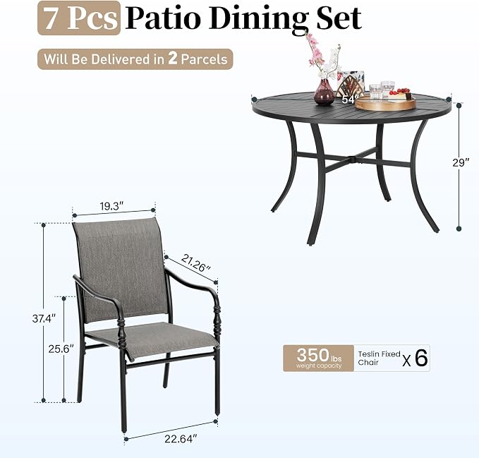SUNSHINE VALLEY Patio Table and Chairs Set of 6, All-Weather Breathable Textilene Patio Chair with Gourd-Shaped Armrests, 54x54 Round Table with Umbrella Hole, 7 Pcs Metal Frame Patio Dining Set