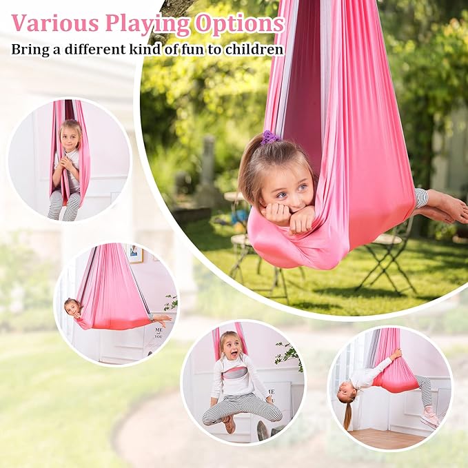 Yoga Swing for Kids Hammock Children Hangin Indoor Outdoor Autism Aspergers,ADHD Kids Hangin Therapy Swing 90inch x 59inch (Hardware Included) Pink and Gray