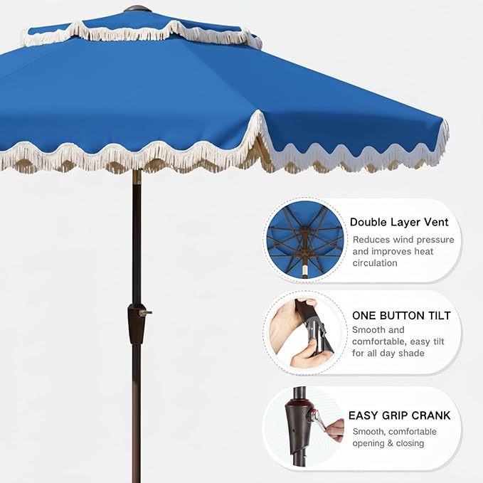 9FT Patio Umbrella with Fringe,Tassel Umbrella with Push-Button Tilt | UPF 50+ & Rust-Resistant Fiberglass Frame for Patio, Pool,Garden,Yard(Royal Blue)