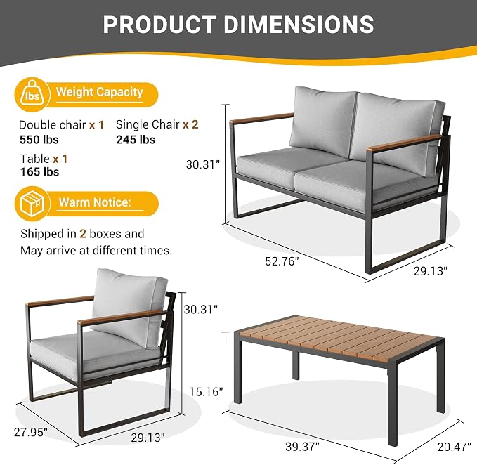 UDPATIO Metal Outdoor Patio Furniture Set, Modern Outdoor Conversation Sets w/Coffee Table, 4 Piece Outside Furniture with Thick, Washable and High-Resiliency Sponge Cushions, Light Grey