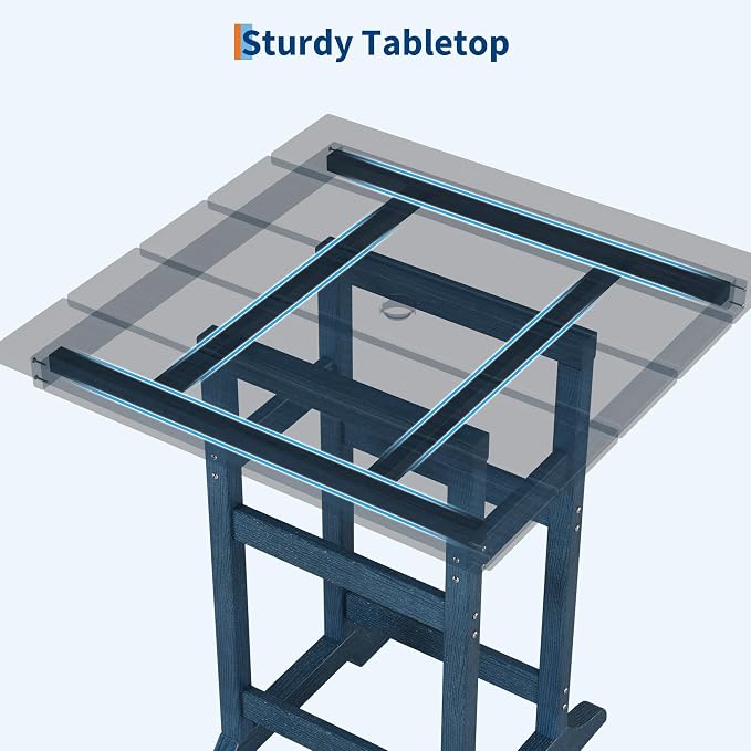 Takywep 31.5" Square HDPE Wood Grain Outdoor Bar Table, 39.6" High Weatherproof Pub Table for Patio and Poolside, Tall Bistro Table with 300 Lb Weight Capacity and Umbrella Hole, Navy Blue