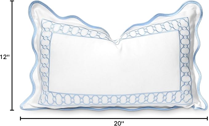Hofdeco Premium Coastal Patio Indoor Outdoor Scalloped Lumbar Pillow Cover Only, 12"x20" Water Repellent for Backyard, Couch, Baby Blue Embroidered Begonia Pattern Chain Frame