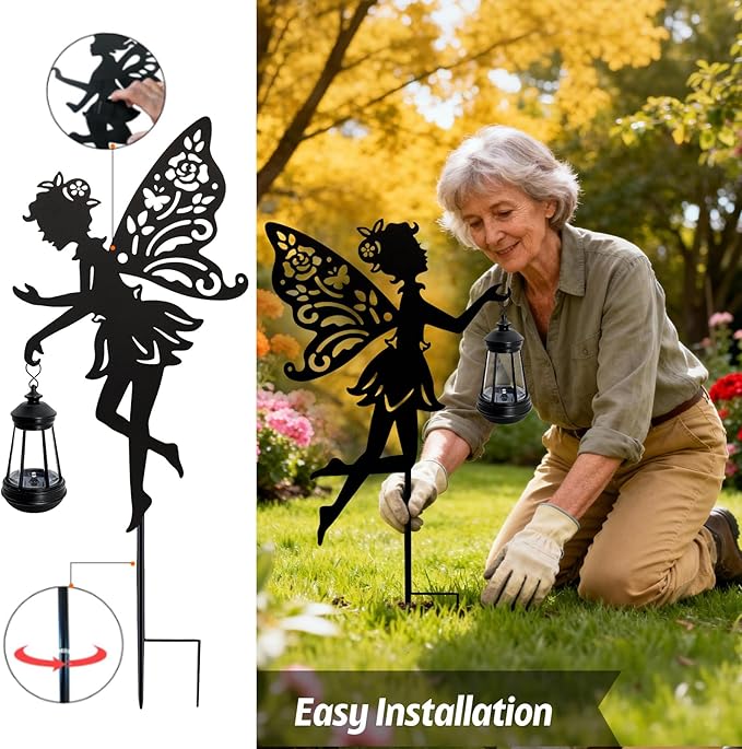 Solar Fairy Garden Statues Outdoor Decor, 2 Pack Metal Fairy Figurine Light Stake,Housewarming Ornament for Patio, Lawn, Yard, Pathway - Unique Gift Ideas for Gardening Mom Grandma Birthday