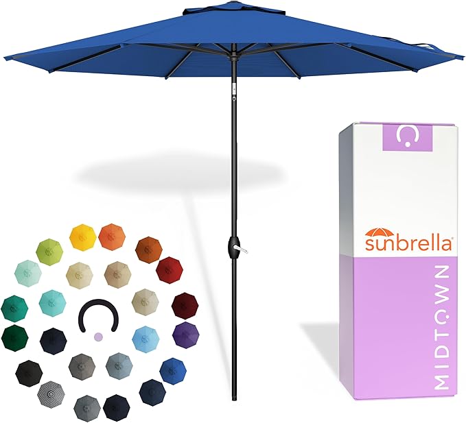 Midtown Umbrellas - The Lean 9 Ft Patio Umbrella with Fade-Resistant Sunbrella Fabric, Auto-Tilt Aluminum Frame and 8 Reinforced Ribs for Deck, Pool & Garden - Dark Blue Canopy, Black Pole