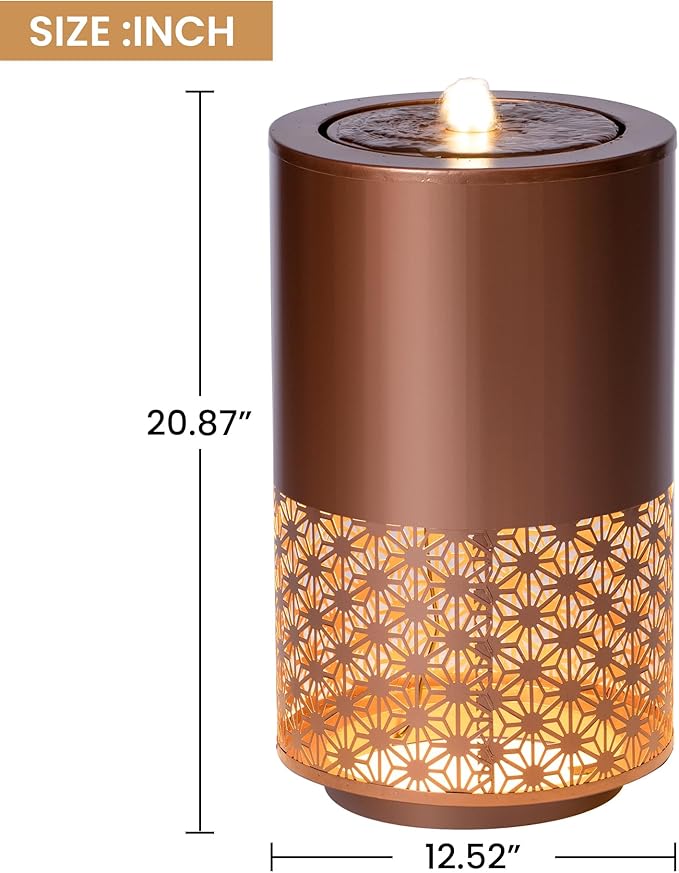Christopher Knight Home Leva 20.87" H Metal Water Fountain Outdoor with LED Light, Recirculating Pump Outdoor Fountain for Lawn/Backyard, Freestanding Candle Style Cascading Water, Brown