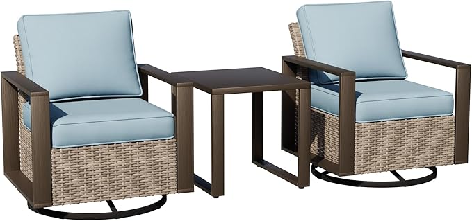Joyside Outdoor Patio Swivel Rocker Chairs, 3 Pieces Wicker Furniture Set, 2 Swivel Rocking Chairs and 1 Table, Metal Wide Armrest, Thick Cushions and Deep Seating for Garden, Backyard, Porch, Deck