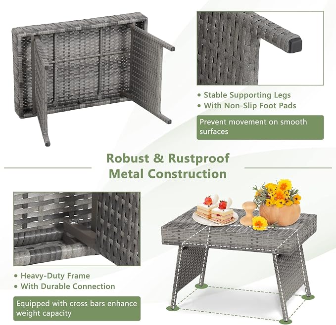 GOFLAME Wicker Table Patio Outdoor Poolside Garden Lawn Bistro Foldable Portable Leisure Standing Coffee Side Table, Grey
