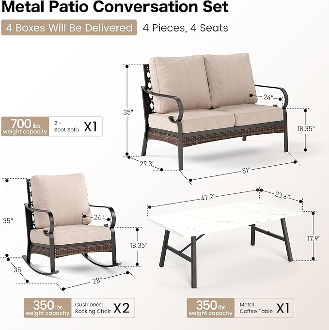4 Piece Metal Outdoor Patio Furniture Sets, Patio Conversation Sets 1 Loveseat, 2 Rocking Sofa with 5.75" Extra Thick Cushion and Coffee Table, Balck Frame Backyard Furniture, Beige