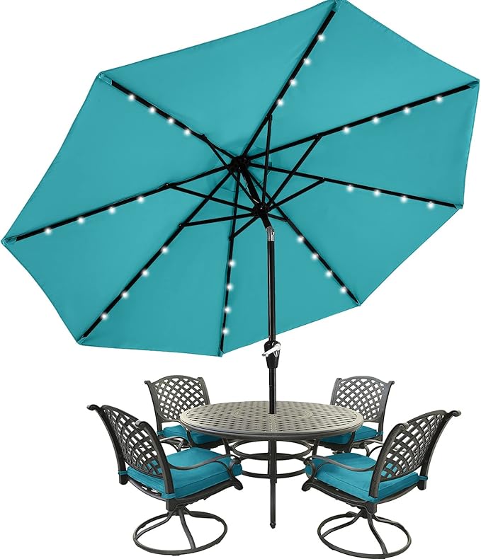 MASTERCANOPY 9FT 8Ribs Patio Umbrella with 32 Solar LED Lights, Outdoor Market Umbrella with Tilt & Crank, UV Protection & Fade Resistant Fabric, Easy Set-Up for Garden, Deck, Pool (Turquoise)