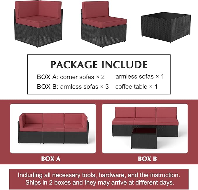 7-Piece Outdoor Patio Furniture Set, Patio Conversation Set, Patio Sectional Sofa Set with Coffee Table & Cushion for Backyard, Balcony, Garden, No-Slip, PE Wicker, Wine Red/Brown