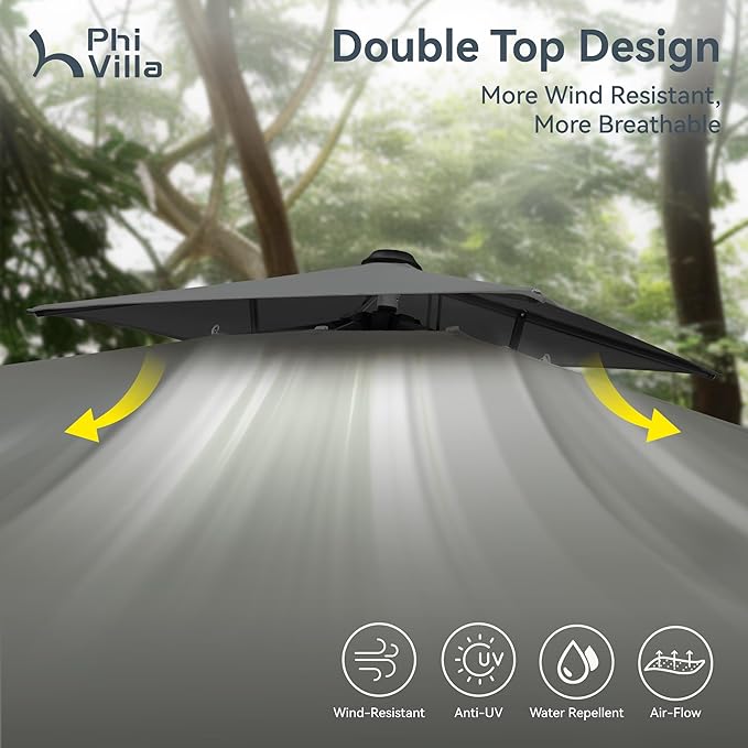 PHI VILLA 9' x 12' Rectangular Cantilever Patio Umbrella with Hydraulic Lift & 360° Rotation – Heavy Duty Windproof Offset Umbrella for Pool, Deck or Garden, Grey