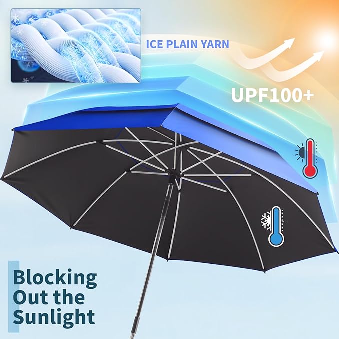 48.6" Double Canopy Beach Umbrella with Clamp, UPF50+ Beach Chair Umbrella with clip(Cobalt Blue)