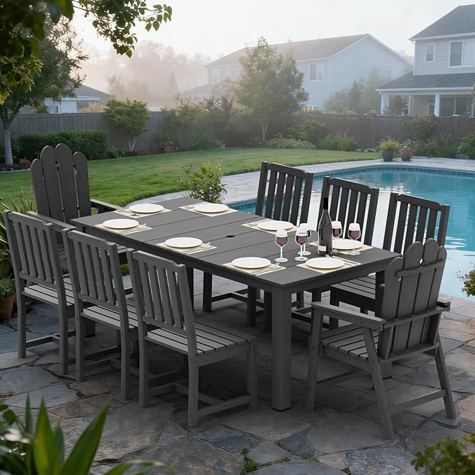 9-Piece Patio Dining Set, Outdoor Dining Set for 8, HDPE All-Weather Outdoor Furniture with 75.20” Umbrella Hole Table, 2 Armchairs & 6 Armless Chairs, Gray