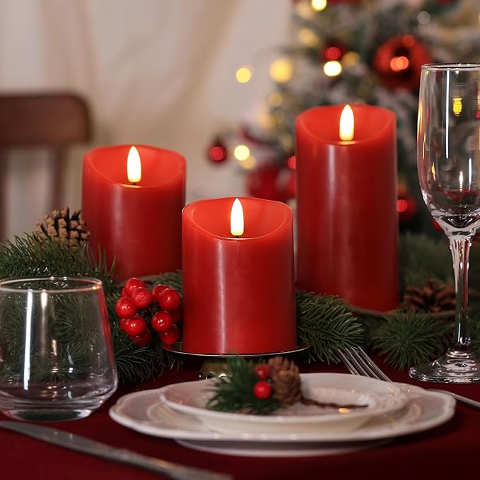 Battery Operated Candles, Real Wax Red LED Candle Flickering Flameless Candles with Remote, 3D Wick Fake Candles for Christmas, Thanksgiving, Home Decor, Party, Gifts, Set of 3, D3"x H4"/5"/6"