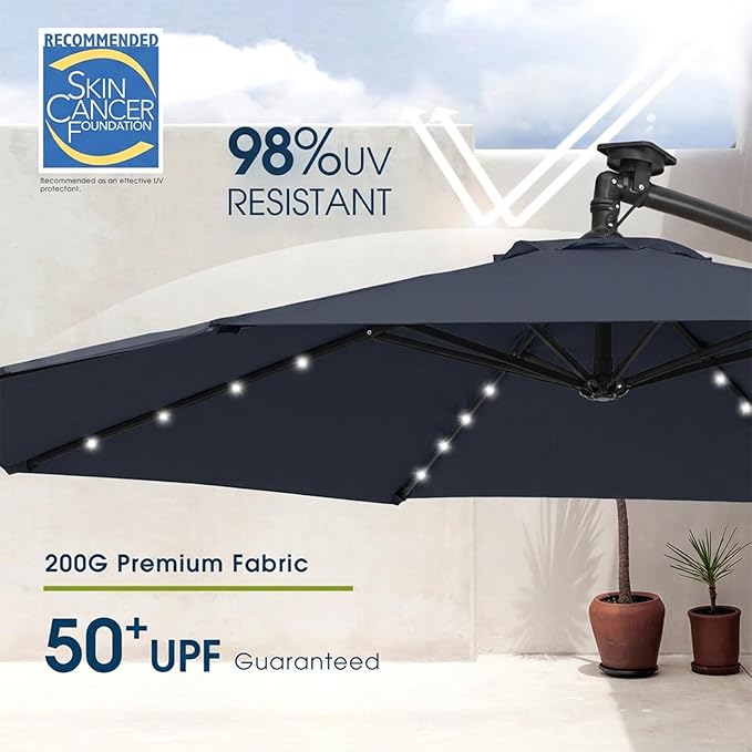 wikiwiki 10ft Solar Offset Patio Umbrella, Outdoor Cantilever Patio Umbrellas with Solar LED Lights for Backyard, Poolside and Garden, Easy Tilt Adjustment, 32 LED Lights & Polyester Shade, Navy Blue