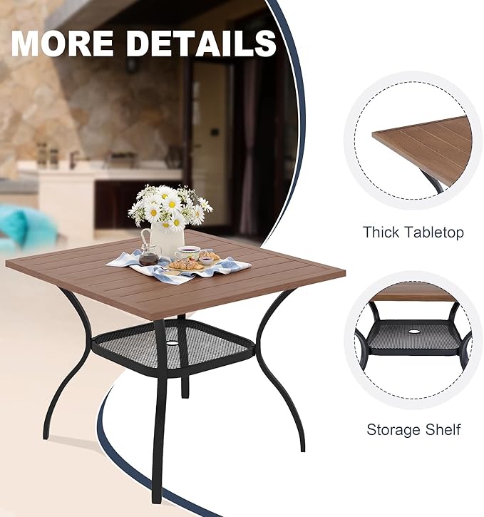 VICLLAX 5 Pieces Outdoor Dining Set, Patio Furniture Set Includes 38" Square Metal Table W/ 1.9" Umbrella Hole and 4 Padded Textilene Swivel Chairs for Porch, Lawn, Garden, Backyard