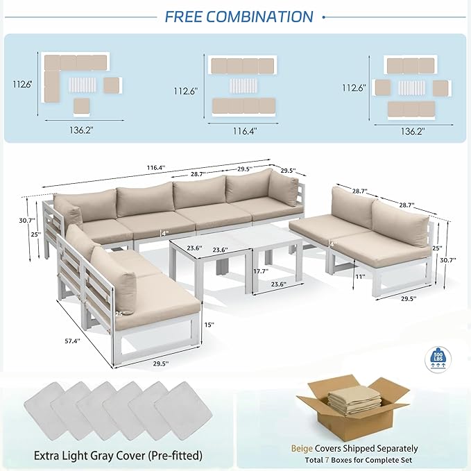 NICESOUL 10 Piece Extra Large Modern Aluminum Outdoor Sofa, 29" Deep Wide Seated, 500 lbs Durable L Shaped Sectional Set for Heavy People, No Rust Modular Patio Furniture Set for Backyard Deck, Beige