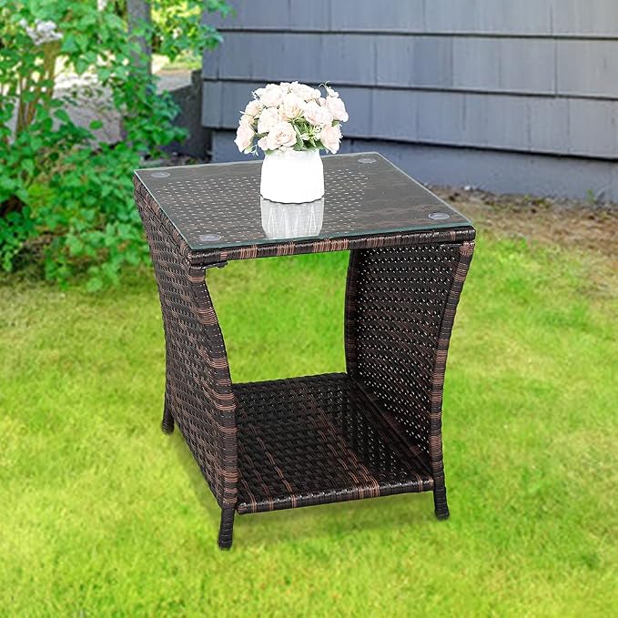 Outdoor Wicker Side Table with Tempered Glass, All-Weather Rattan Side Table with Storage Shelf, Wicker Patio Table for Outdoor Patio, Porch, Garden, Brown