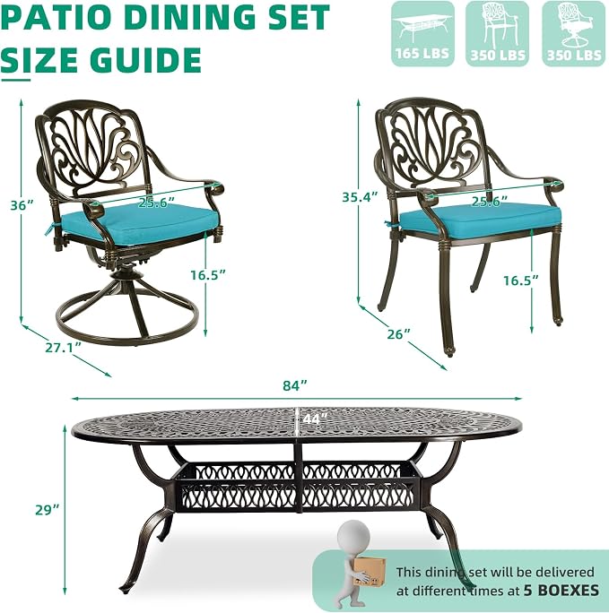 VIVIJASON 9-Piece Outdoor Furniture Dining Set, All-Weather Cast Aluminum Patio Conversation Set, Include 6 Stationary Chairs, 2 Swivel Dining Chairs, Oval Table with Umbrella Hole, Ocean Blue Cushion