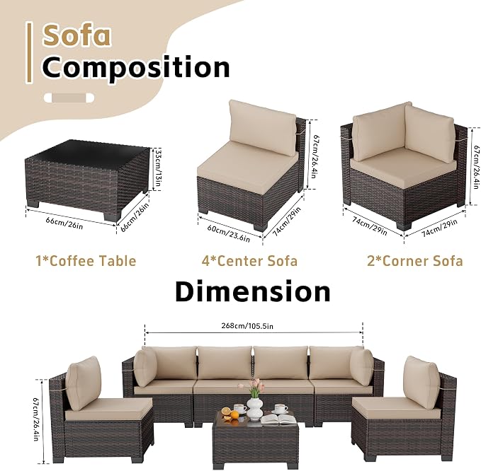 CHABATREE 7-Piece Outdoor Patio Furniture Sets, Manual Weaving Rattan Conversation Sectional Sofa with Tempered Glass Coffee Table, All-Weather PE Wicker & Thick Cushions for Garden, Backyard, Porch