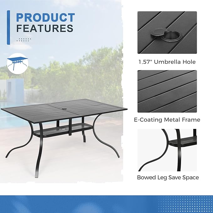 Crownland 7 Piece Patio Dining Set, Textilene Dining Sets, 6 Textilene Metal Chairs and Rectangular Outdoor Dining Table with Dark Blue 9FT Round Outdoor Umbrella (Blue)