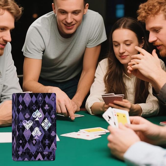 Leather Playing Card Box/Case, 4.7''x3''x1.3'' Deck of Cards Holder - Fits Bridge Cards, Playing Card Storage Box for Outdoor Travel Gaming (Purple)