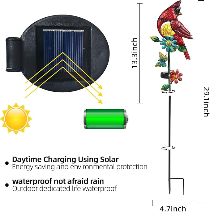 Caridnal Decor Solar Garden Stakes Outdoor Decorative Waterproof 2 Pack Metal Garden Sculpture Cardinal Solar Lights for Outside Lawn Yard Patio Cemetery Red Bird Gardening Gifts for Women