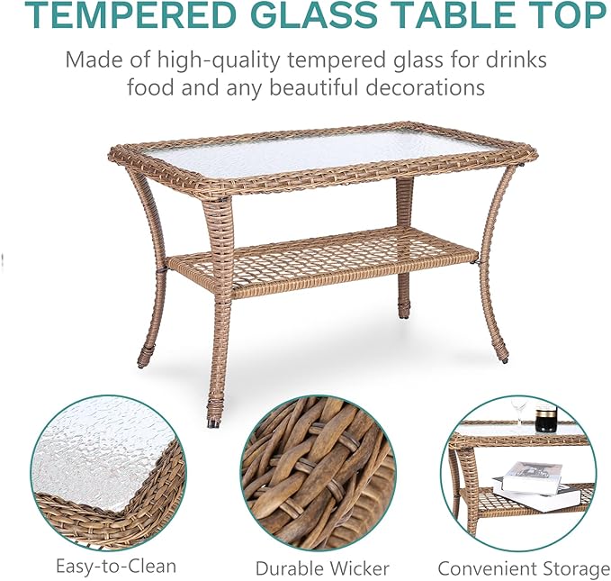 MEETWARM 7 Pieces Outdoor Patio Rattan Furniture Sets, All Weather Patio Wicker Conversation Set- 2 Rocking Glider, 2 Swivel Chairs, 1 Loveseat Glider with Cushions, 2 Glass-Top Coffee Table, Beige