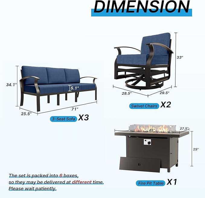 Gotland Outdoor Aluminum Patio Furniture Set with Fire Pit Table, 13 Pieces Metal Patio Furniture with 2 Swivel Rocking Chairs 11 Seats Waterproof 5.1'' Seat Cushions, for Garden Balcony Porch Navy