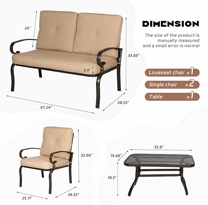 Incbruce 4-Piece Outdoor Metal Furniture Set: Wrought Iron Patio Conversation Set (Loveseat, Coffee Table, 2 Chairs) - Steel Frame with Brown Cushions