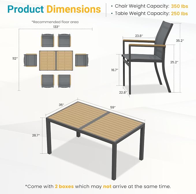 7-Pieces Aluminum Patio Table and Chairs Set, Outdoor Patio Furniture Set with Heavy Duty HDPS Rectangular Table, All-Weather Outdoor Dining Set with Quick-Drying Breathable Textilene Chairs for Porch