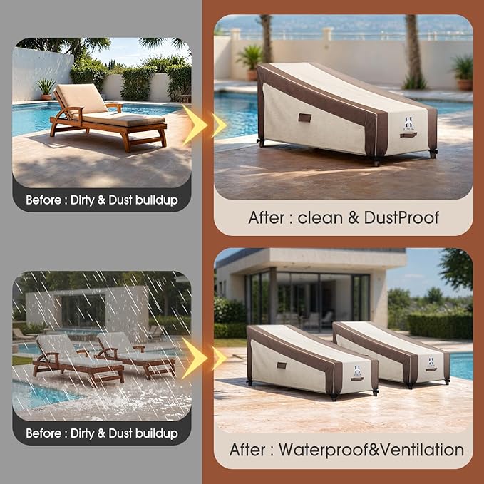 HAMLER Lounge Chair Cover, Heavy Duty Chaise Lounge Covers Outdoor Waterproof, Outdoor Furniture Covers for Patio Furniture Fits up to 80L x 34W x 32 H Inch, Brown & Beige