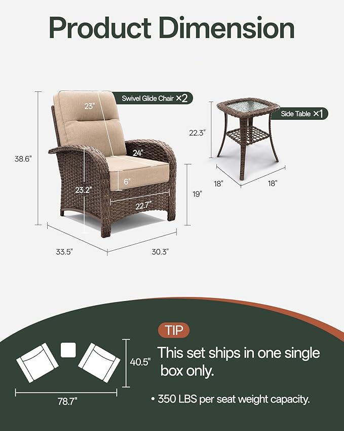 3-Piece Patio Furniture Set with 6-Inch Thick Cushions, High Back Outdoor Arm Chairs and Table, All-Weather Conversation Set for Porch, Deck, Balcony, Yard in Beige