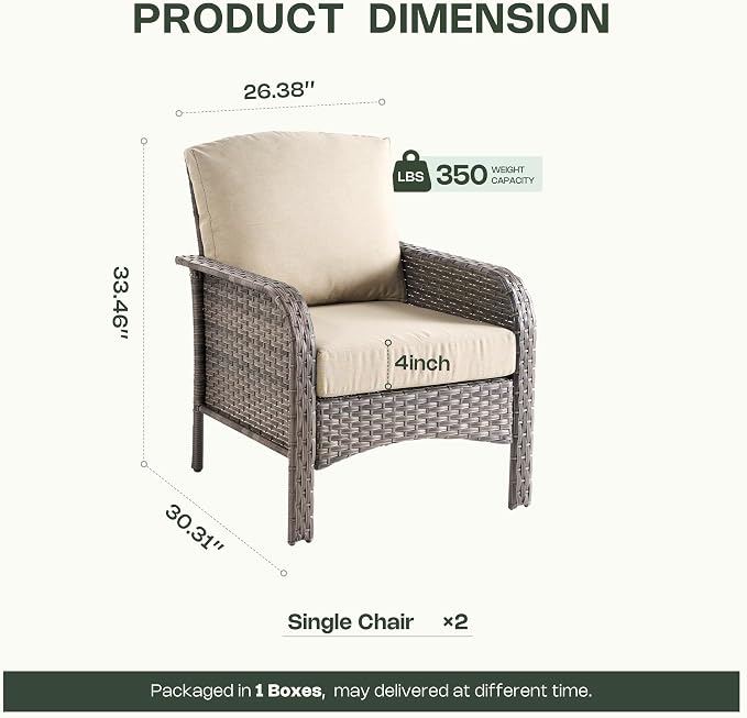 Patio Furniture Set, Outdoor Wicker Chairs of 2, Modern Rattan Outdoor Chairs Conversation Set, All Weather High Back Patio Sofa with Comfy Cushions for Porch, Balcony, Garden, Beige