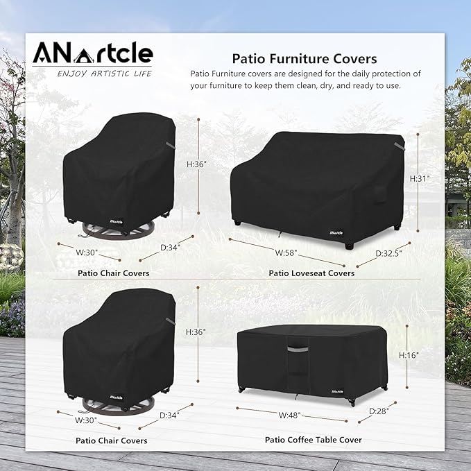 ANartcle Patio Furniture Covers 4 Piece Set, 600D Waterproof Heavy Duty Outdoor Furniture Covers,Fit Wicker Patio Loveseat, Swivel Rocker Chair and Coffee Table,Black