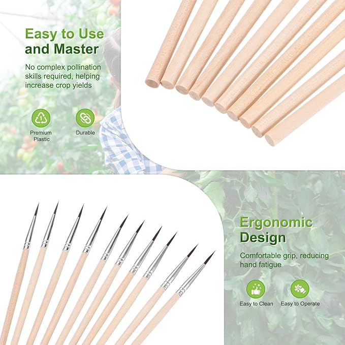 M METERXITY 20-Pack Pollinator Brush, 0.5inch/1.2cm Wooden Vegetable Pollinator Pen Manual Pollination Tool for Gardening/Greenhouse/Hydroponic Plants/Flowers [Beige]