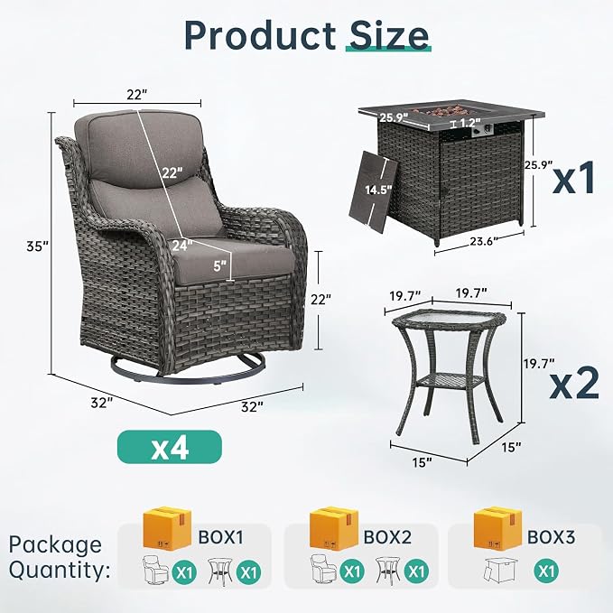 Outdoor Swivel Rocker Patio Chairs Set of 4 with Fire Table - 5" Thick Cushion 6 Piece Furniture Set with Fire Pit Table All Weather Wicker Conversation Set for Porch Deck - Gray/Gray