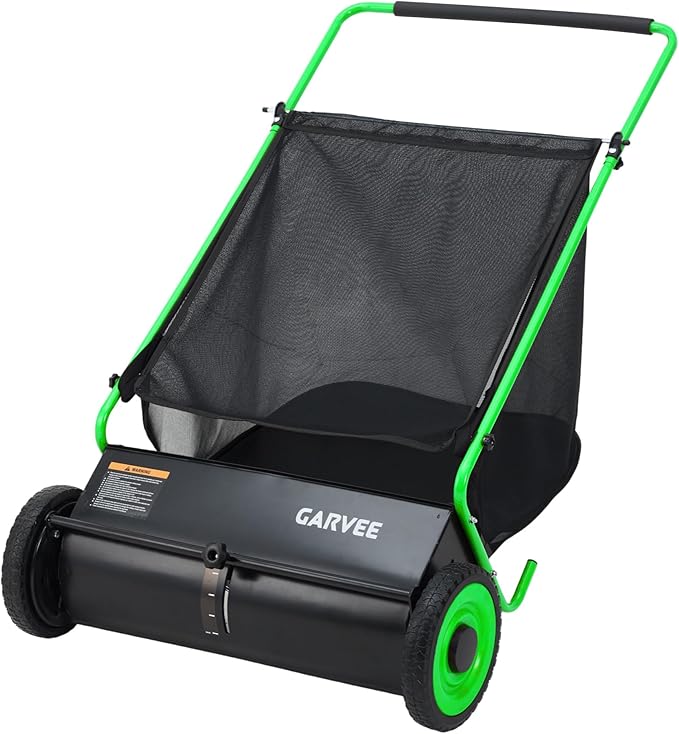 Garvee Push Lawn Sweeper, 26 in Leaf & Grass Collector with 7 Cu. ft. Hopper Bag, 4 Spinning PP Brushes, Durable Steel Construction, Adjustable Height & Rubber Tires for Leaves Grass Cleanup
