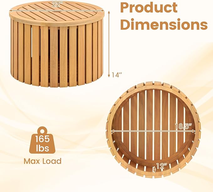 Tangkula 2-in-1 Outdoor Side Table with Storage, Acacia Wood Slatted Coffee Table with Umbrella Hole & Removable Base, Round Slatted End Storage Box for Backyard, Poolside