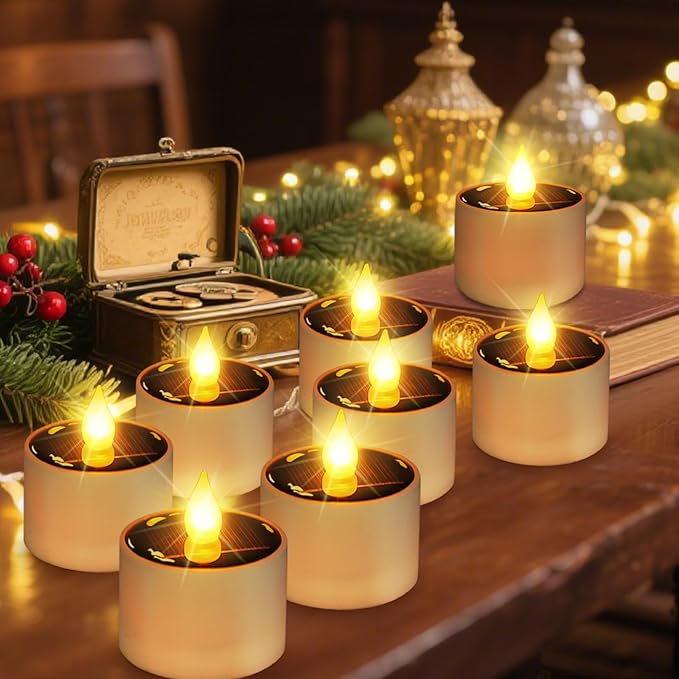 ANGMLN 6pcs Solar Tea Lights Outdoor Waterproof, Flameless Flicker LED Solar Candles with Dusk to Dawn Sensor, Reuseable Tea Light Candles for Lantern Garden Camping Party Home Decor,2.3''x2.1''