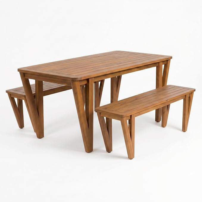 Christopher Knight Home Cove Acacia Wood Outdoor Dining Set for 6, Patio Dining Table with Bench, 3 Piece Outdoor Dining Table Set, Teak