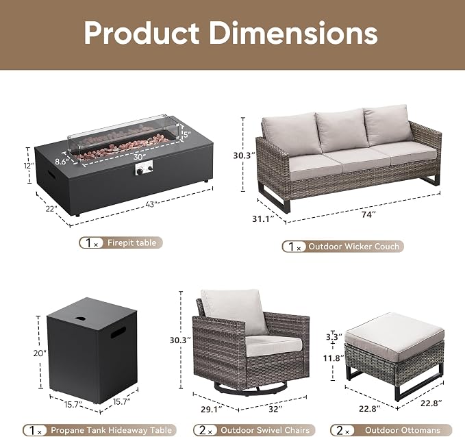HUMMUH Patio Furniture Set with Fire Pit Table,5 Piece Wicker Outdoor Conversation Sets -Outdoor Swivel Rocker Chairs Patio Sofa for Porch,Garden,Backyard
